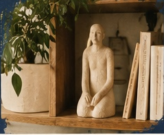 Sculpture et livres dans un intérieur chaleureux